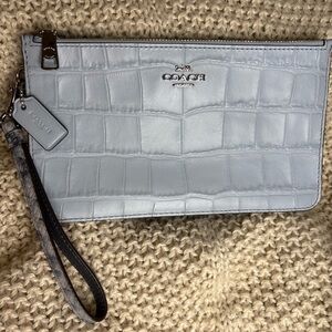 Coach Blue Leather Wristlet with Silver Tag